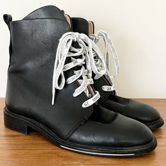 Josefinas Leather Lace-Up Block Heel Ankle Combat Boots Black